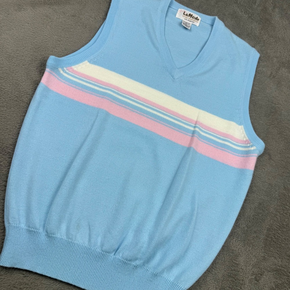 Lady LaMode Sweater Vest Womens M Blue Pink Striped Vintage Cashmerlon 4139